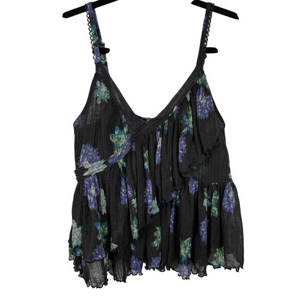 Free People Melborne Ruffle Floral Black Tank Top w/ Scallops - Small - Picture 2 of 5